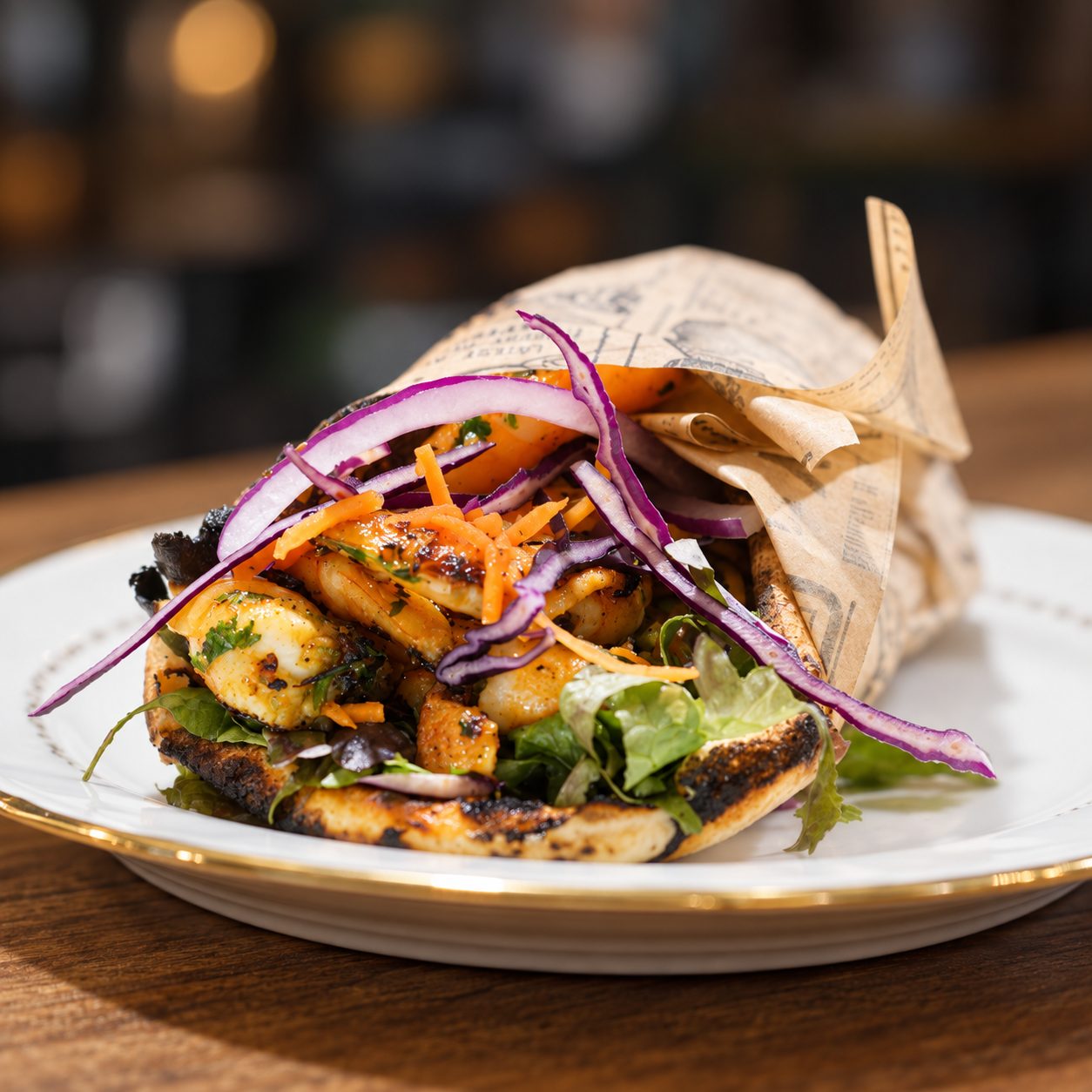 Naan Louisiane fait maison aux crevettes marinées, chou rouge, carottes et salade fraîche, Le Lieu-Dit à Villefranche-de-Rouergue