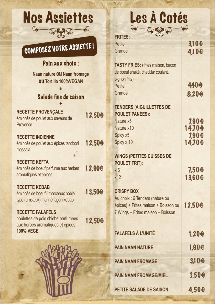 Carte Le Lieu-Dit : assiettes composées, frites maison, tenders et wings – restaurant Villefranche-de-Rouergue